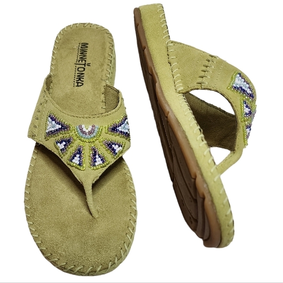 Minnetonka Green Leather Beaded Flip Flop Thong Sandals Size 7 New - Picture 3 of 16